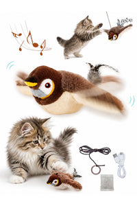 Şarjlı Uçan Kuş Kedi Oyuncağı Sesli & Hareketli Peluş Kedi Oyuncağı Kutulu