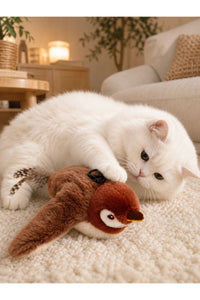 Şarjlı Uçan Kuş Kedi Oyuncağı Sesli & Hareketli Peluş Kedi Oyuncağı Kutulu